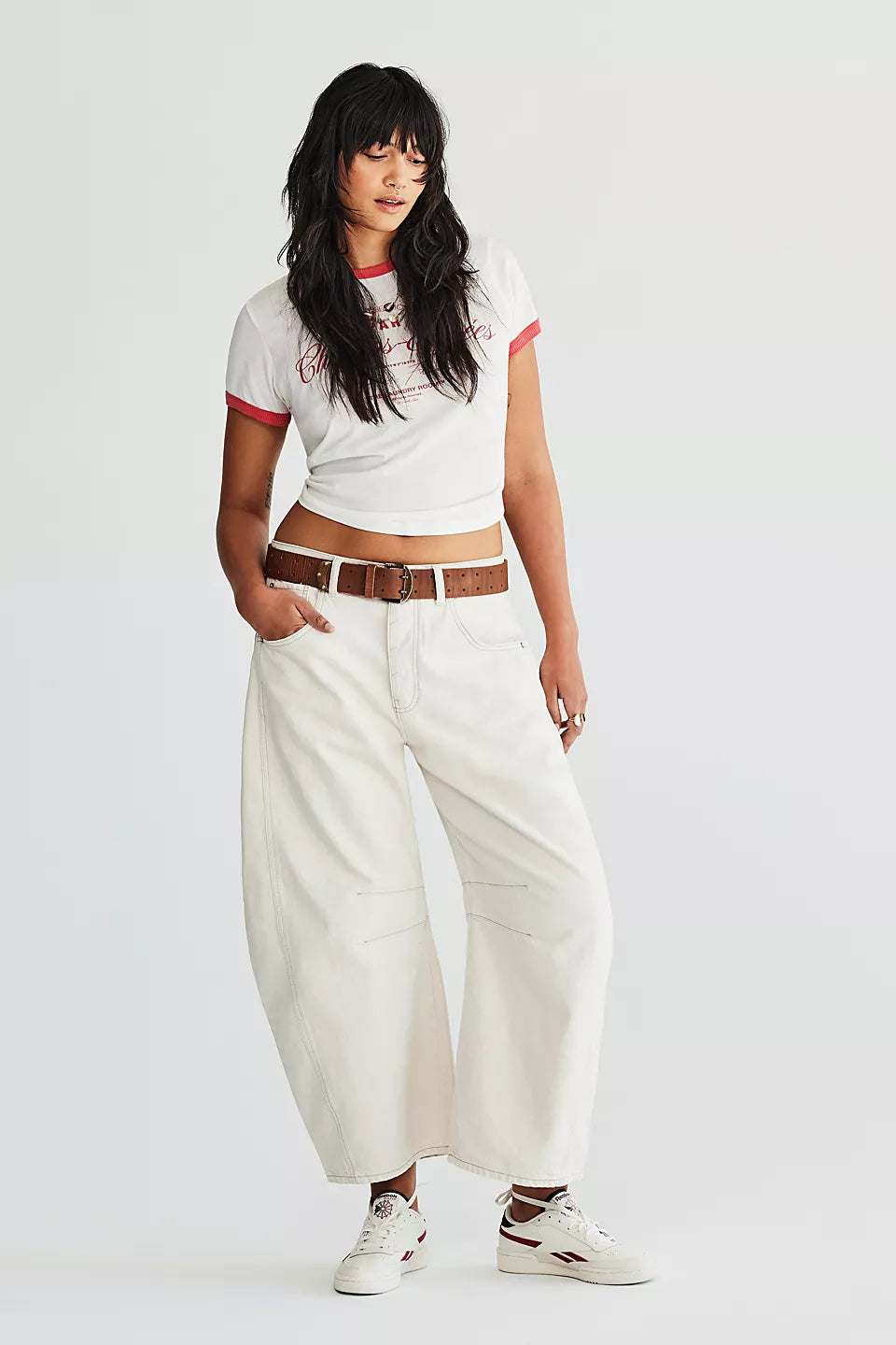 Free People We The Free Good Luck Mid-Rise Barrel Jeans - MILK