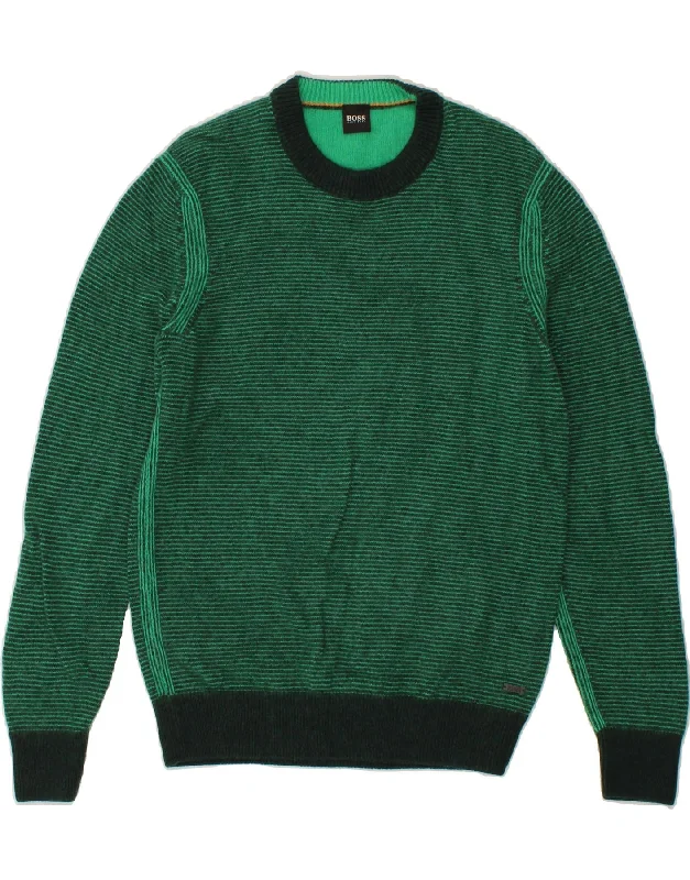 HUGO BOSS Mens Crew Neck Jumper Sweater Medium Green Striped Cotton