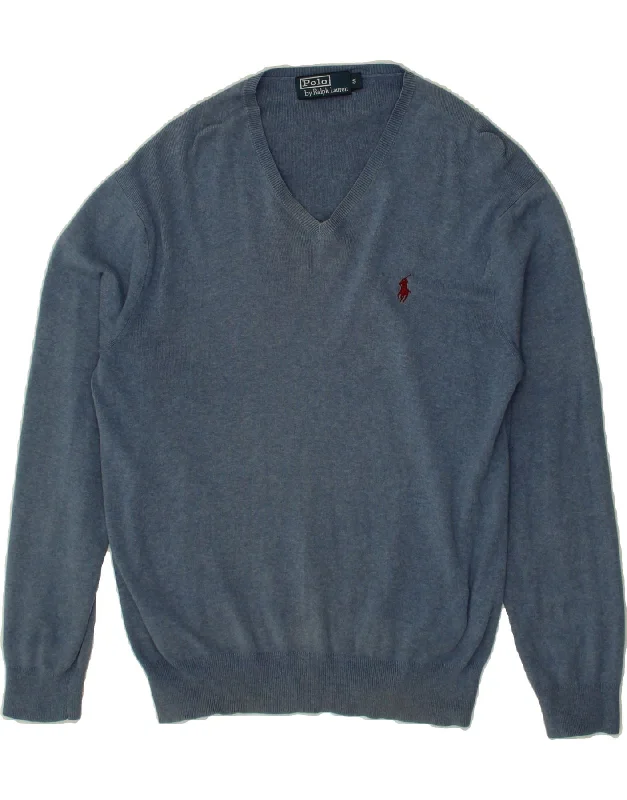 POLO RALPH LAUREN Mens V-Neck Jumper Sweater Small Navy Blue Cotton