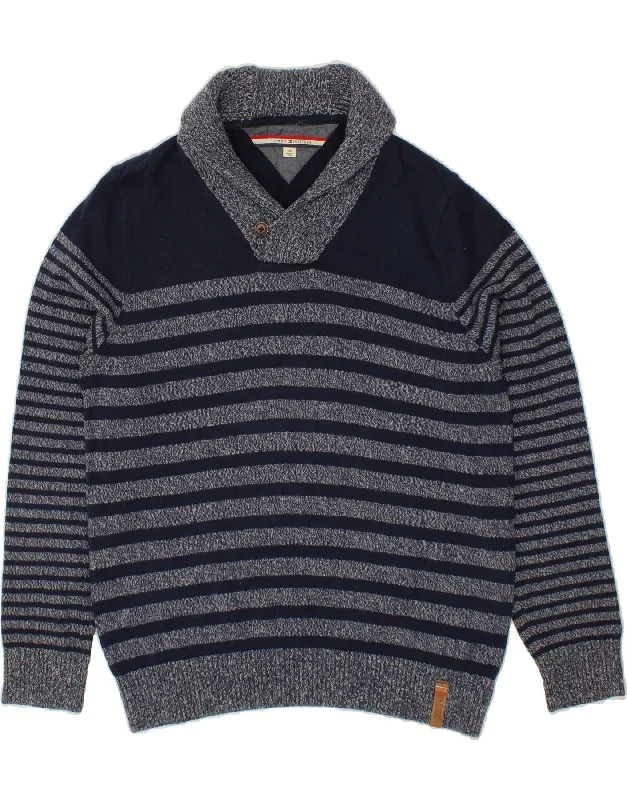 TOMMY HILFIGER Mens Shawl Neck Jumper Sweater Large Navy Blue Striped