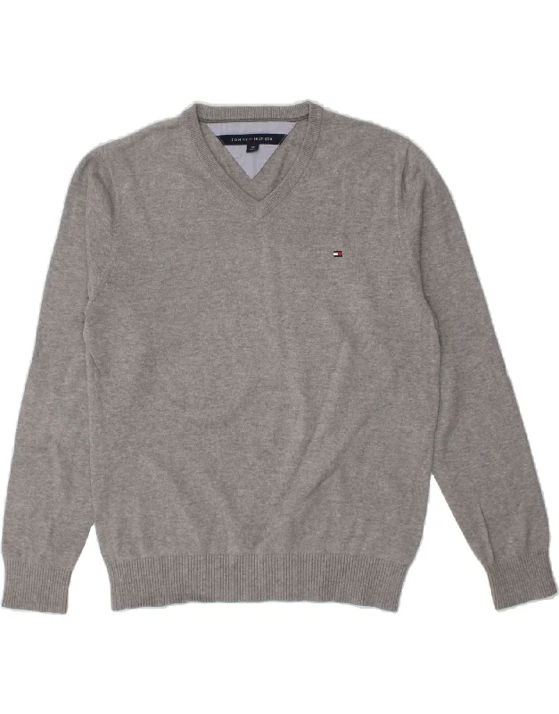 TOMMY HILFIGER Mens V-Neck Jumper Sweater Small Grey Cotton