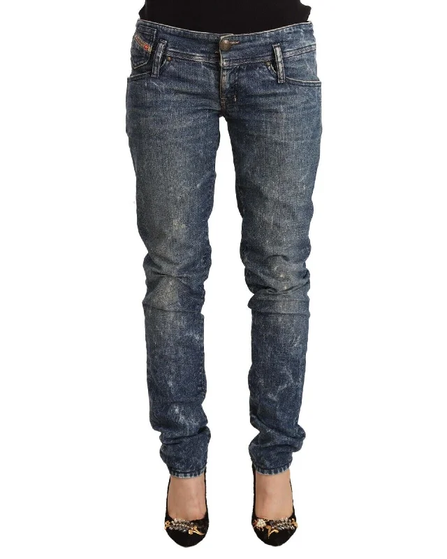 Distressed Low Waist Denim Skinny Jeans with Logo Details