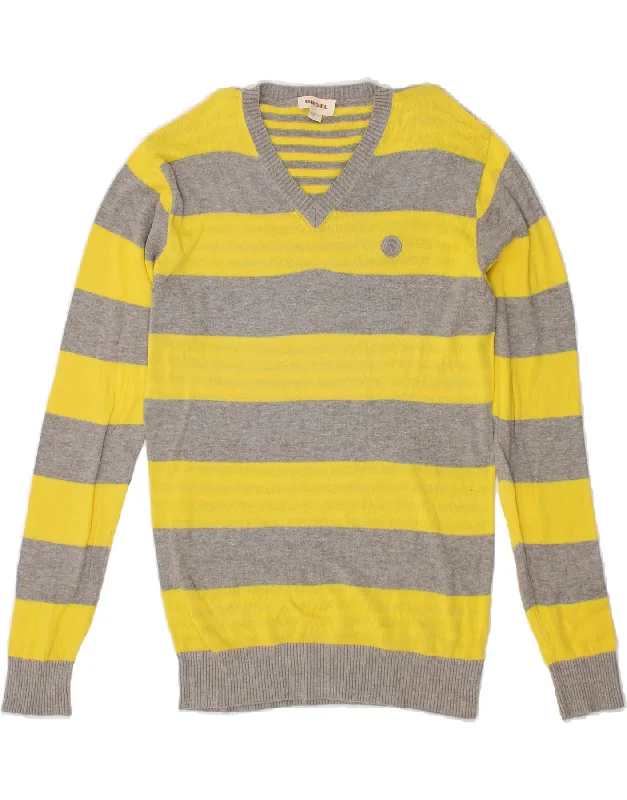 DIESEL Mens V-Neck Jumper Sweater Medium Yellow Striped