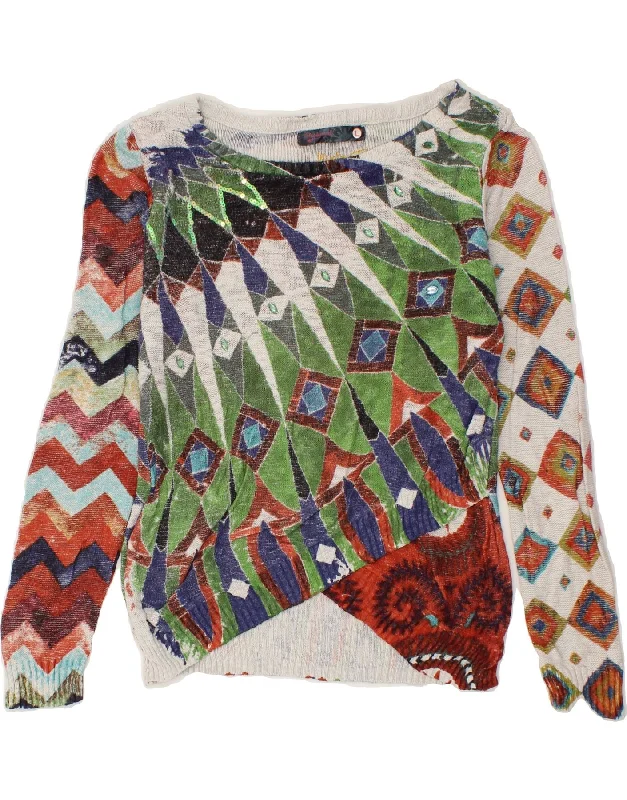 DESIGUAL Womens Boat Neck Jumper Sweater UK 14 Large Multicoloured