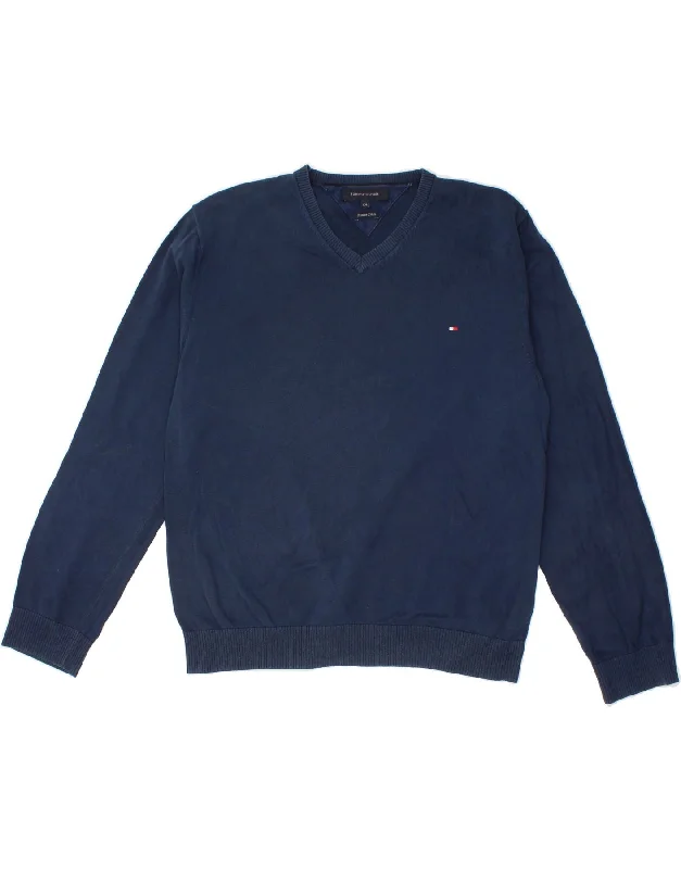 TOMMY HILFIGER Mens V-Neck Jumper Sweater 2XL Navy Blue Cotton