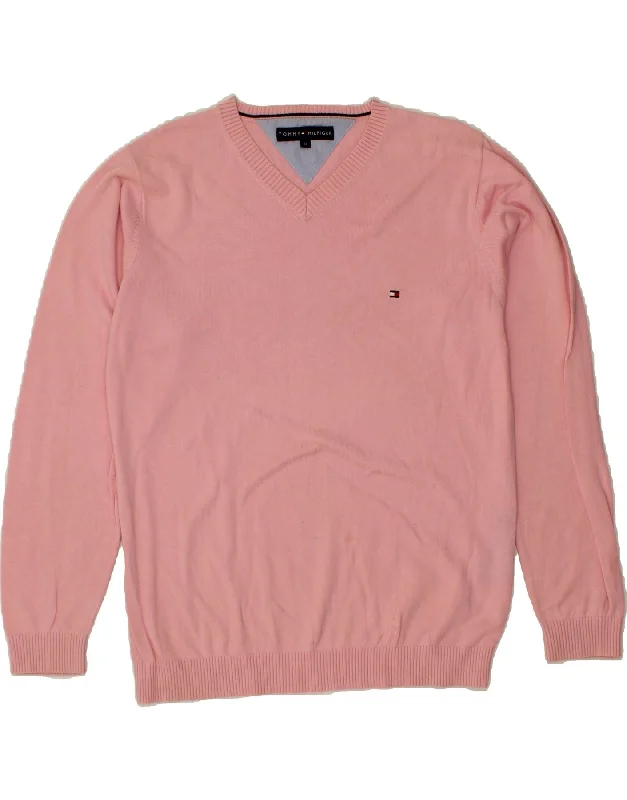 TOMMY HILFIGER Mens V-Neck Jumper Sweater Medium Pink Cotton