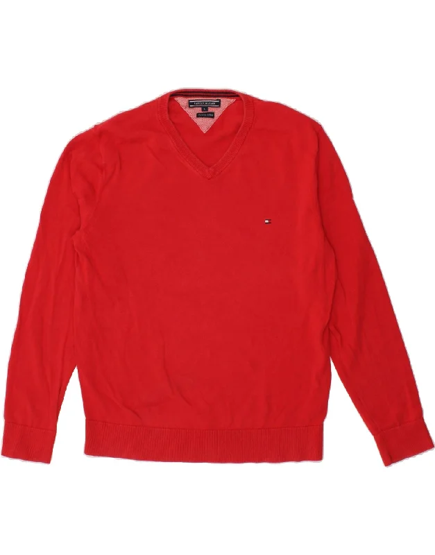 TOMMY HILFIGER Mens V-Neck Jumper Sweater Large Red Cotton