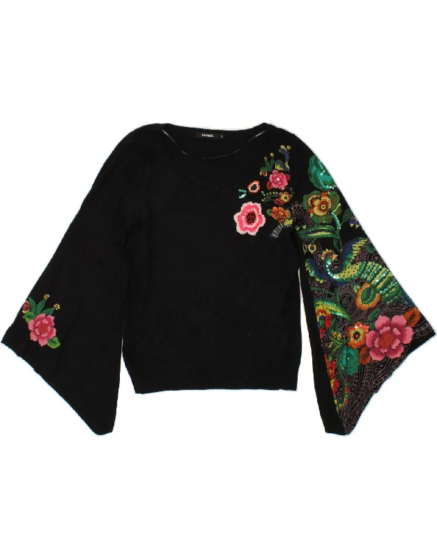 DESIGUAL Womens Graphic Boat Neck Jumper Sweater UK 10 Small Black Floral