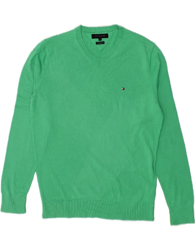 TOMMY HILFIGER Mens V-Neck Jumper Sweater Large Green Cotton