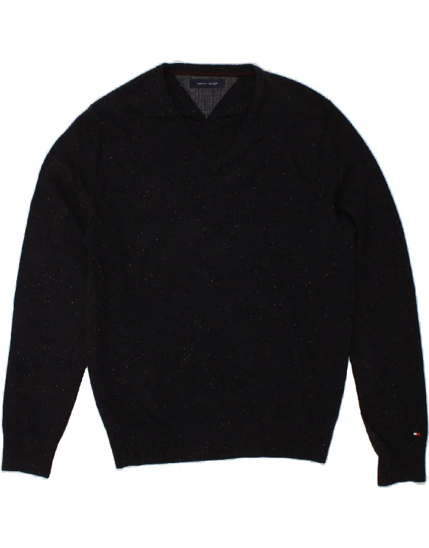 TOMMY HILFIGER Mens V-Neck Jumper Sweater Medium Navy Blue Flecked Wool