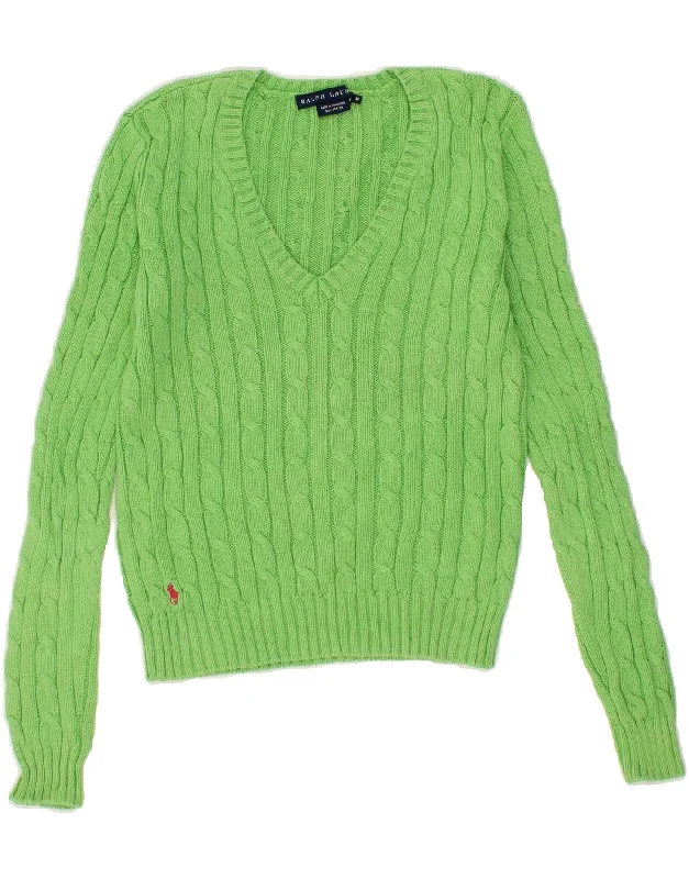 RALPH LAUREN Womens V-Neck Jumper Sweater UK 12 Medium Green Cotton