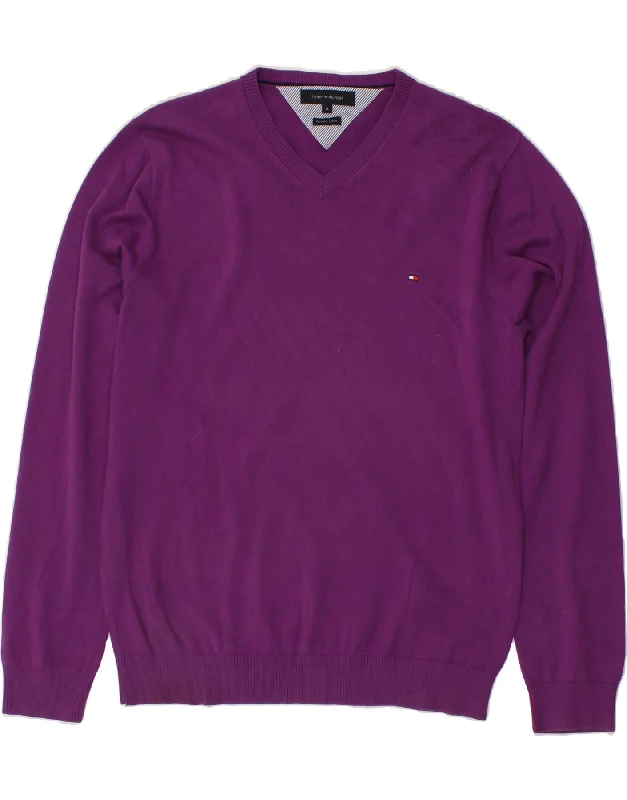 TOMMY HILFIGER Mens V-Neck Jumper Sweater XL Purple Cotton