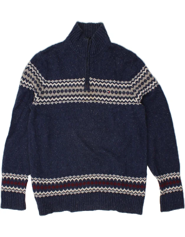 TOMMY HILFIGER Mens Zip Neck Jumper Sweater XL Navy Blue Fair Isle Cotton