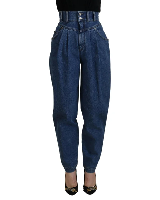 High Waisted Pleated Jeans with Logo Details