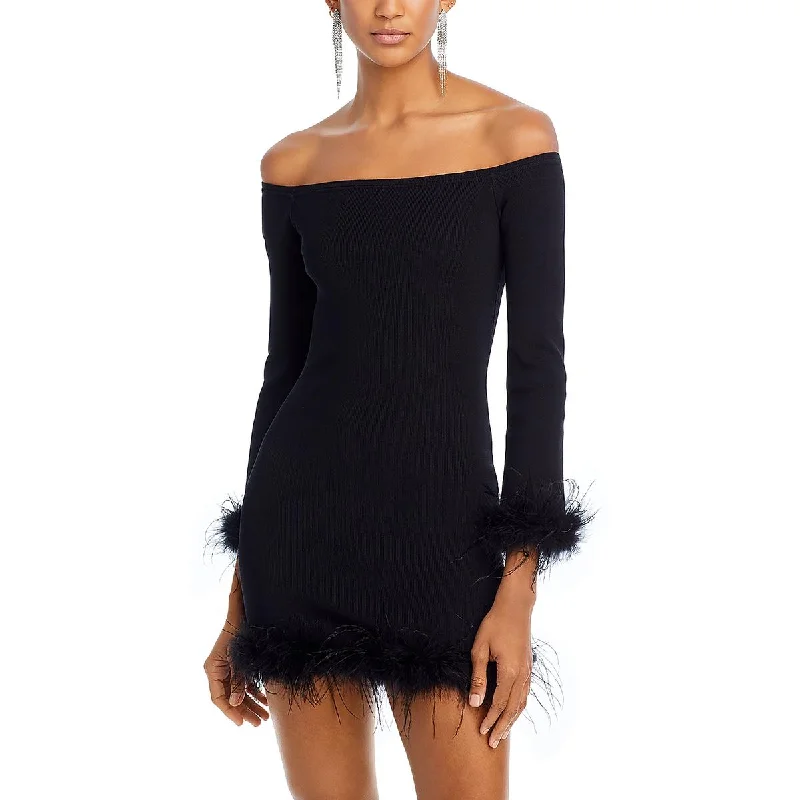 Joyce Womens Faux Feather Trim Short Mini Dress