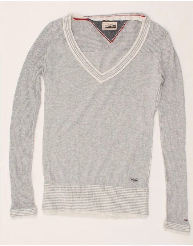 TOMMY HILFIGER Womens V-Neck Jumper Sweater UK 8 Small Grey