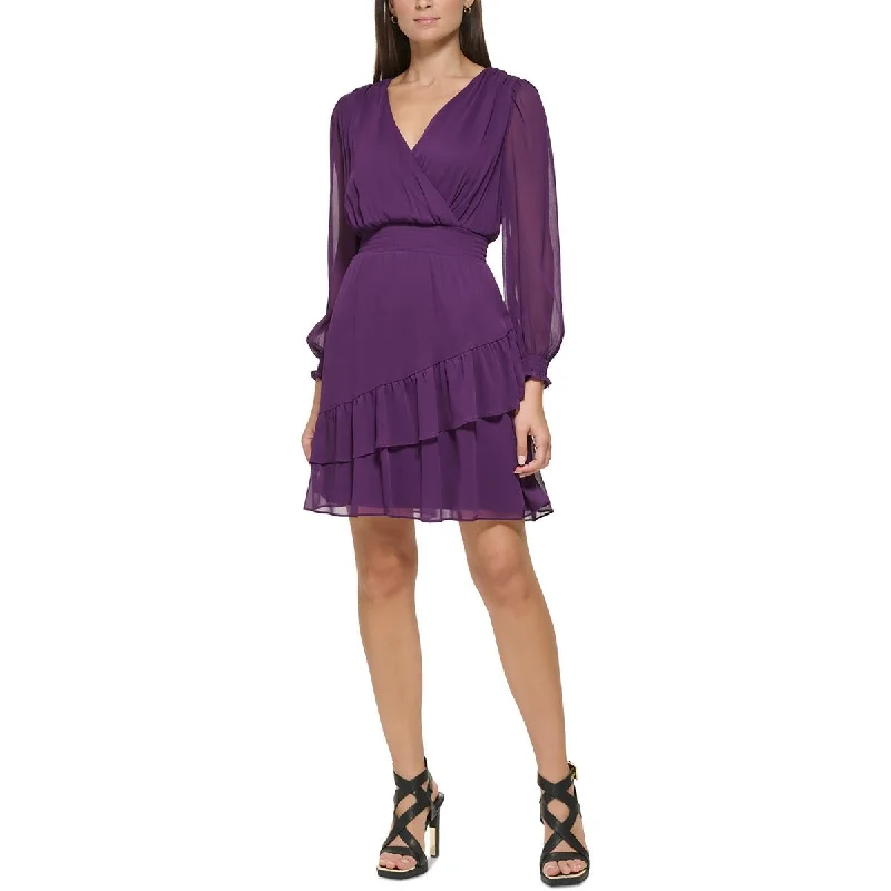 Womens Surplice Neckline Ruffled Mini Dress