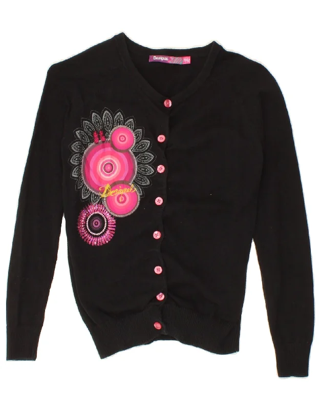 DESIGUAL Girls Graphic Cardigan Sweater 11-12 Years Black Cotton