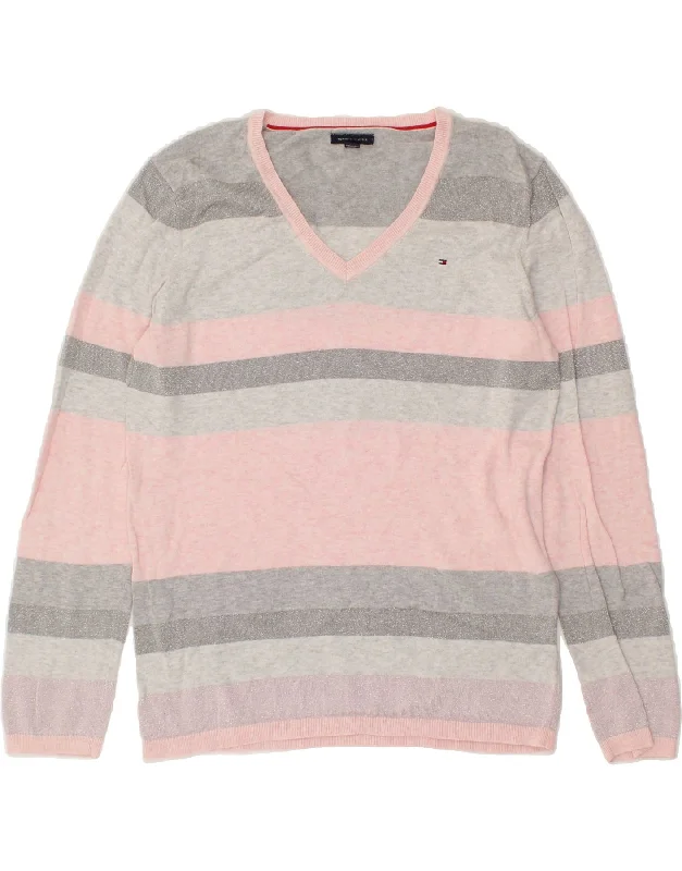 TOMMY HILFIGER Womens V-Neck Jumper Sweater UK 16 Large Pink Striped