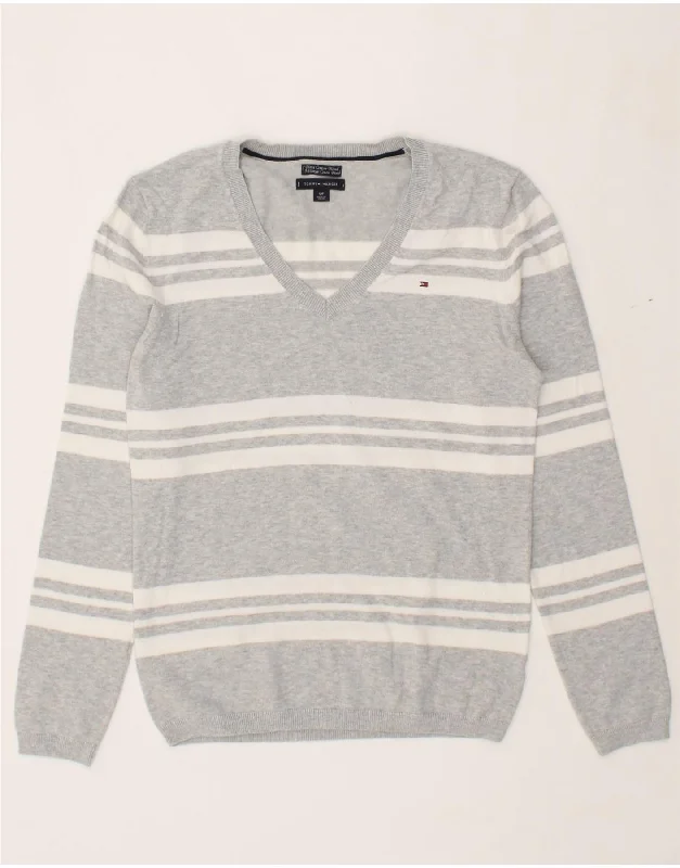 TOMMY HILFIGER Womens V-Neck Jumper Sweater UK 10 Small Grey Striped