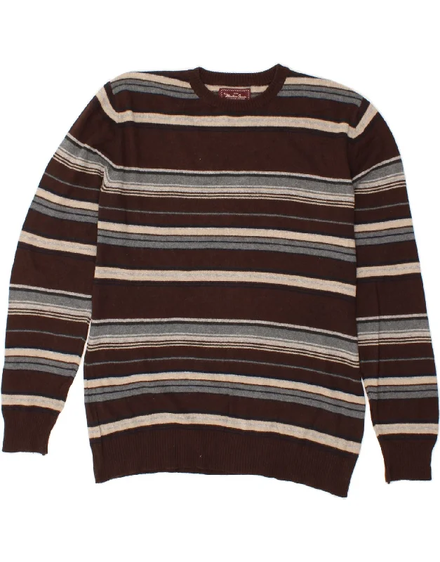 MARLBORO CLASSICS Mens Crew Neck Jumper Sweater XL Brown Striped Wool