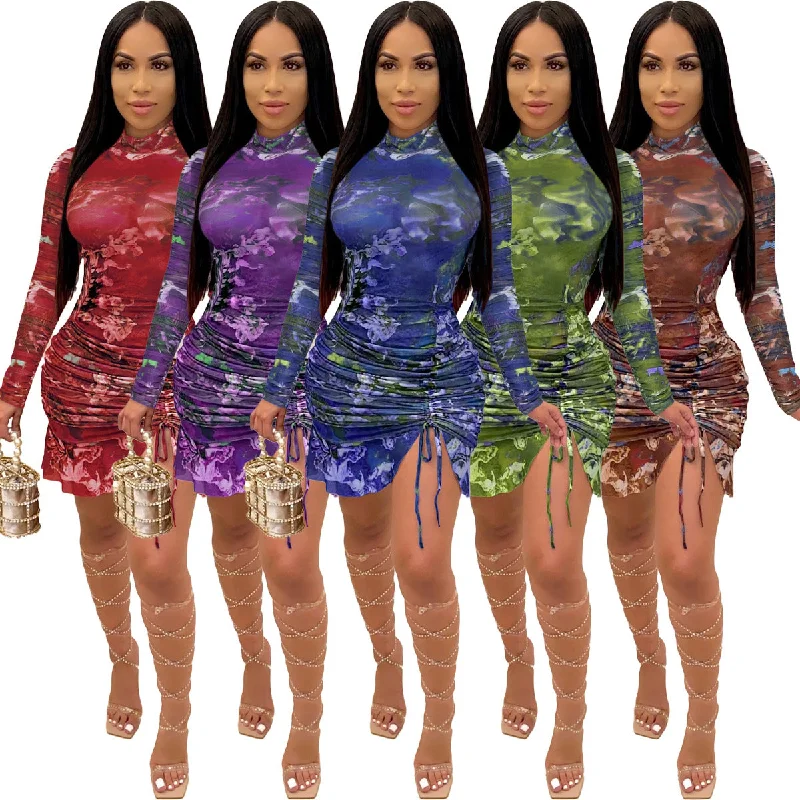 2022 summer sexy bodycon floral asymmetrical mini dress fall long sleeve casual dresses