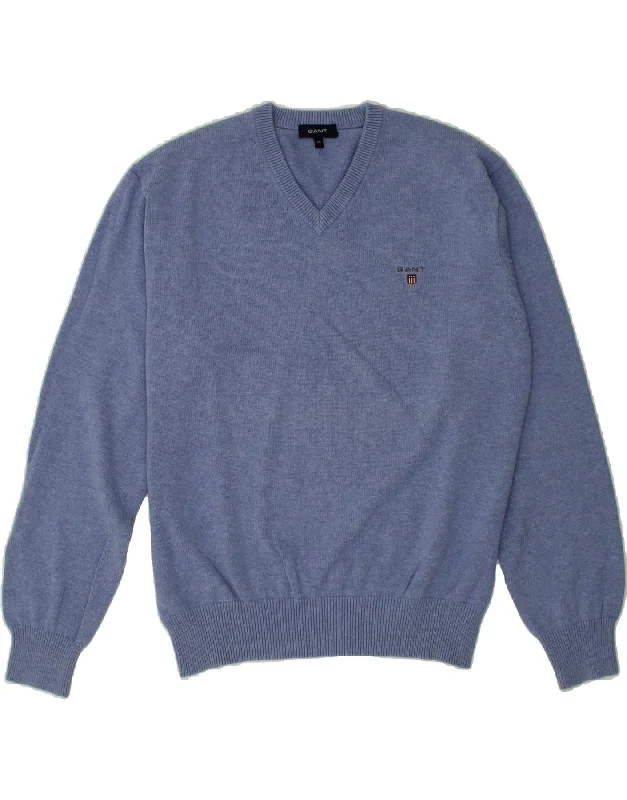 GANT Mens V-Neck Jumper Sweater Medium Blue Cotton