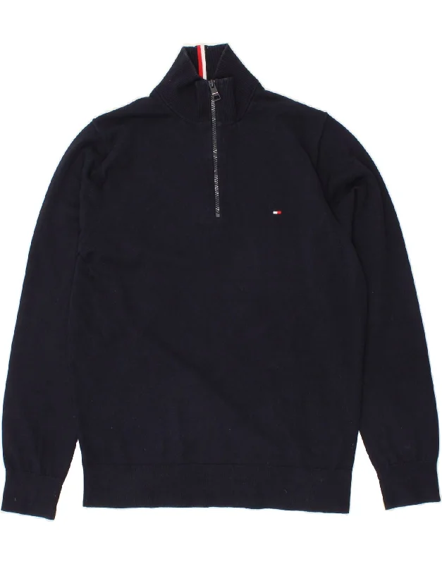 TOMMY HILFIGER Mens Zip Neck Jumper Sweater Medium Navy Blue Cotton