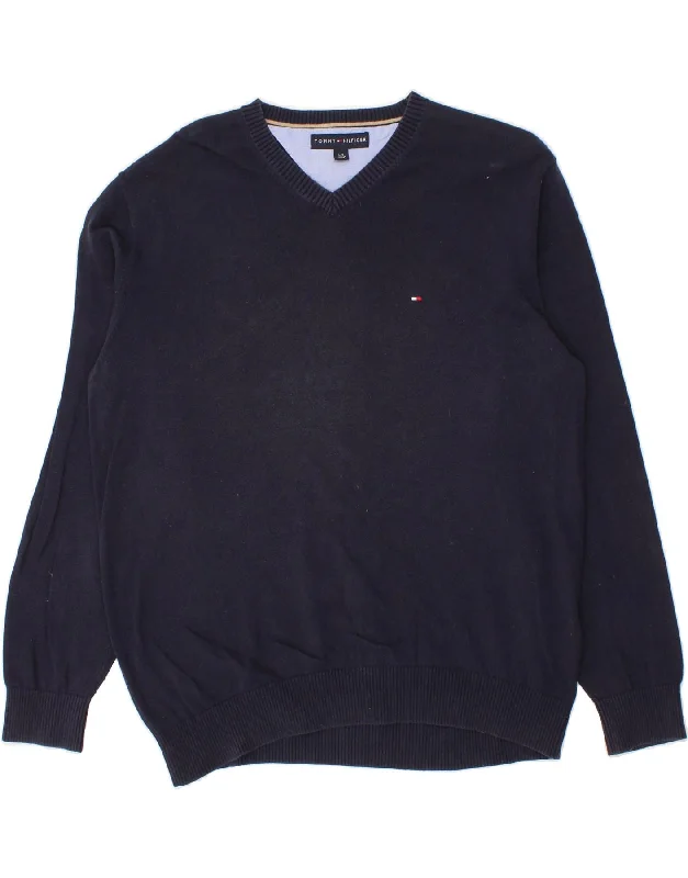 TOMMY HILFIGER Mens V-Neck Jumper Sweater Large Navy Blue Cotton