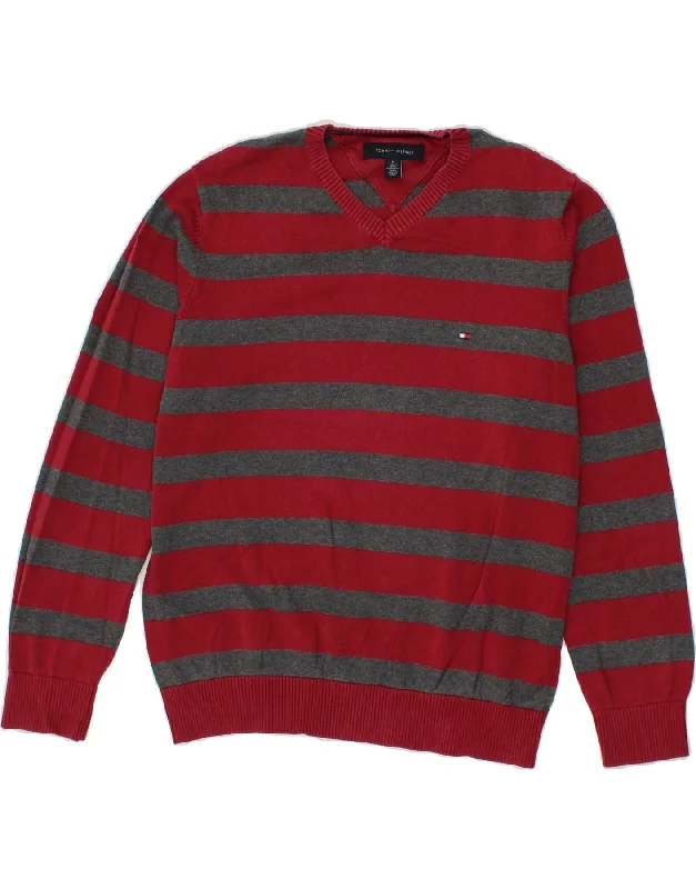 TOMMY HILFIGER Mens V-Neck Jumper Sweater Medium Red Striped Cotton