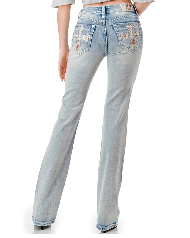 Women's Light Wash Cross Embroidery Boot Cut Jeans