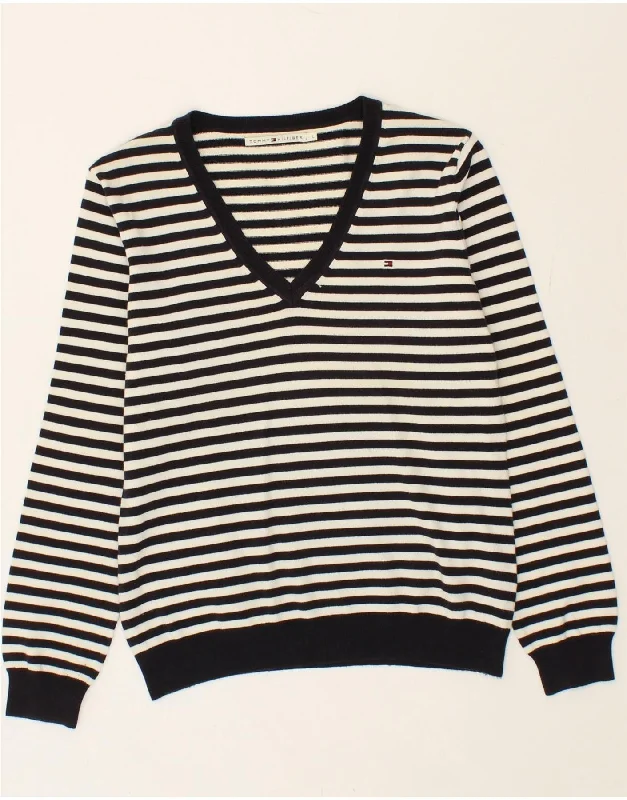 TOMMY HILFIGER Womens V-Neck Jumper Sweater UK 14 Large Black Striped