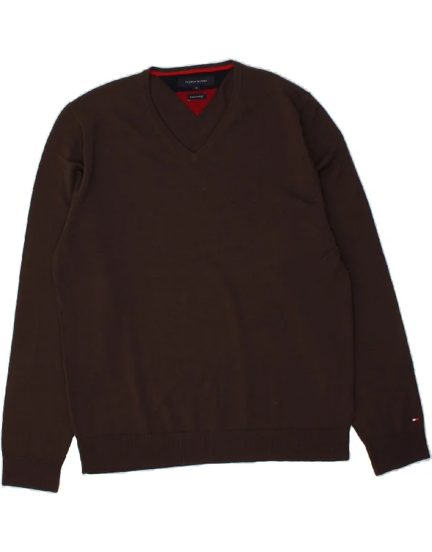 TOMMY HILFIGER Mens V-Neck Jumper Sweater XL Brown Wool