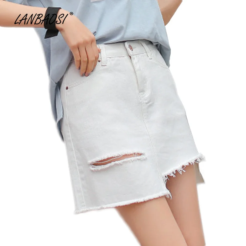 LANBAOSI White Ripped Jeans Miniskirts for Women High Waist Frayed Hem Denim Mini Skirts Cowgirl Female Jean Skirt