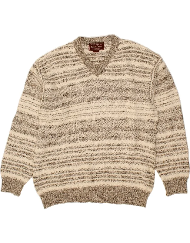 MARLBORO CLASSICS Mens V-Neck Jumper Sweater Medium Beige Striped Cotton