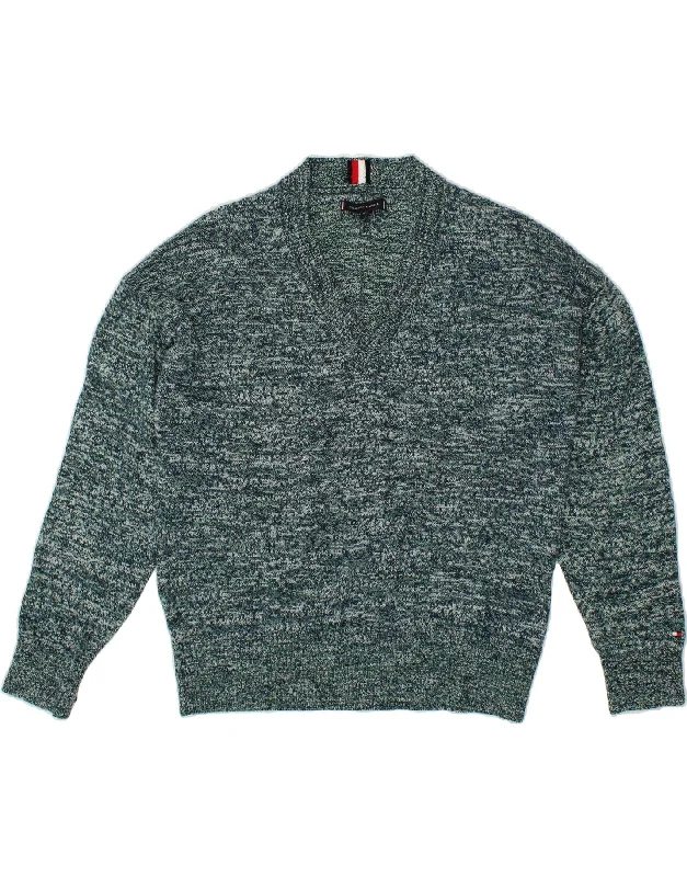 TOMMY HILFIGER Mens V-Neck Jumper Sweater Medium Green Flecked Cotton