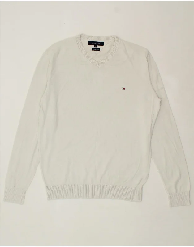 TOMMY HILFIGER Mens V-Neck Jumper Sweater Large White Cotton