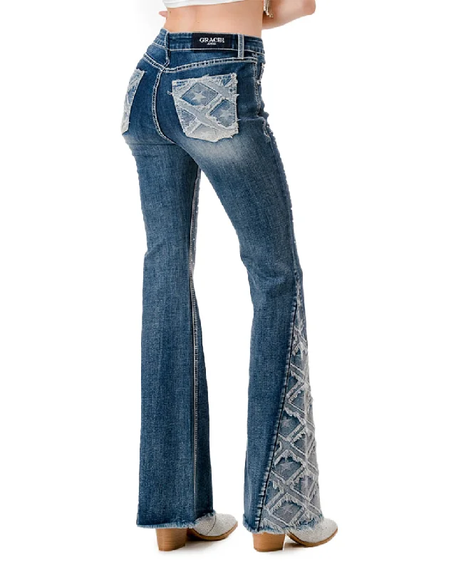 Women's Frayed Detailing High Rise Flare Jeans