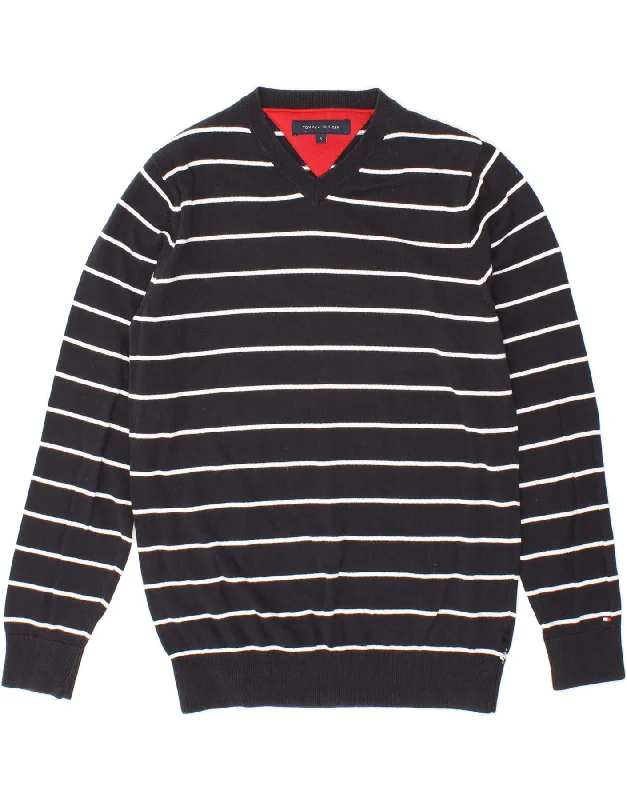 TOMMY HILFIGER Mens V-Neck Jumper Sweater Small Navy Blue Striped Nautical