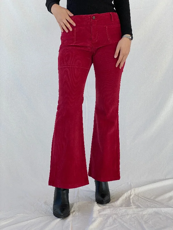 Vintage 90s Guess Jeans Stretch Maroon Flare Mid Rise Corduroy Pants - 38EUR