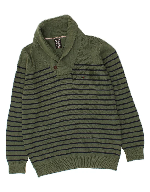 TOMMY HILFIGER Mens Shawl Neck Jumper Sweater Large Green Striped Cotton