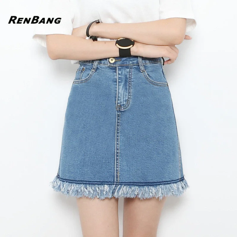 RENBANG 2018 New Summer Plus Size Women Skirt US A-line High Waist Denim Skirts Short Vintage Woman cowgirl Mini Jeans Skirt