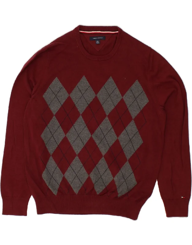 TOMMY HILFIGER Mens Crew Neck Jumper Sweater XL Maroon Argyle/Diamond