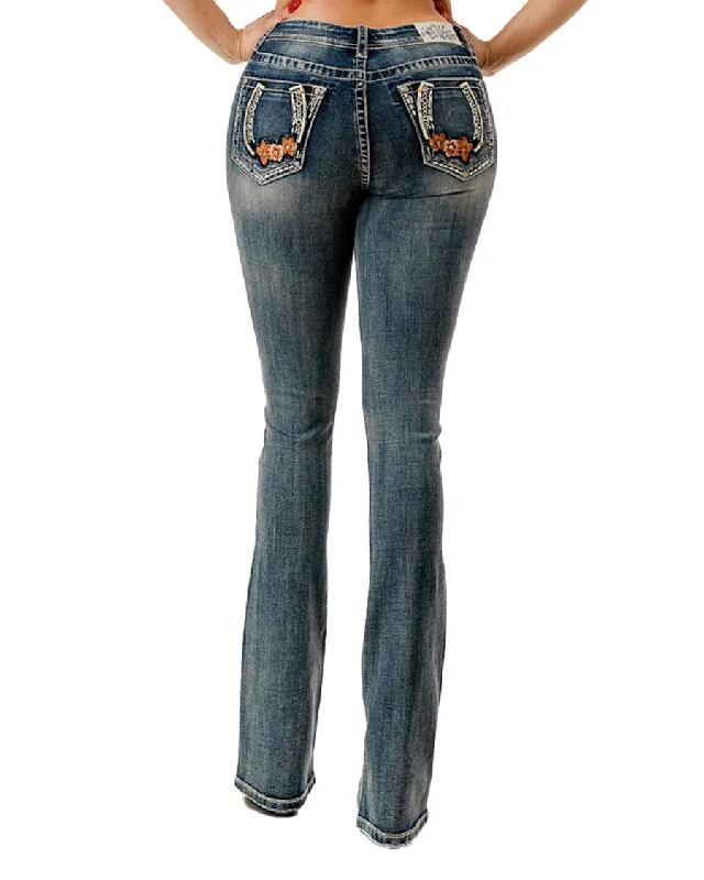 Women's Floral Embroidered Horseshoe Boot Cut Jeans