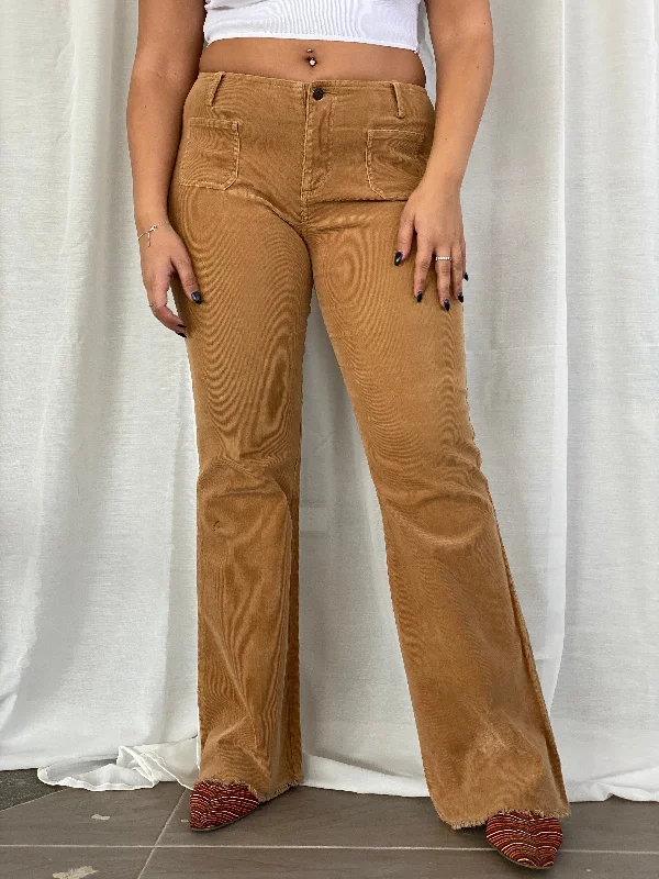 Vintage 90s Guess Jeans Stretch Brown Corduroy Mid Rise Flare Pants - L