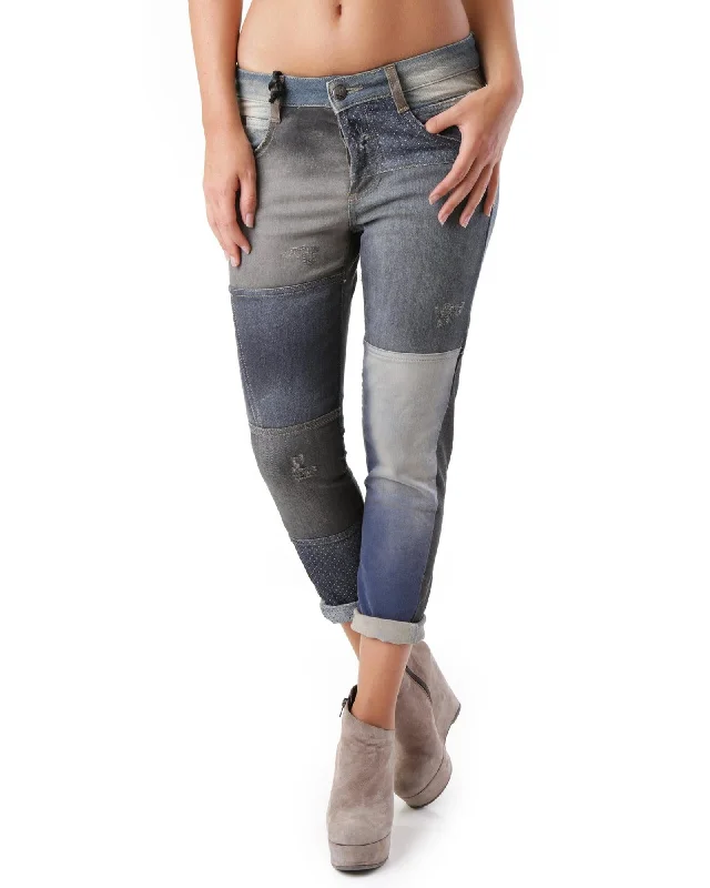 Worn Out Effect Jeans with Button Fastening and Pockets