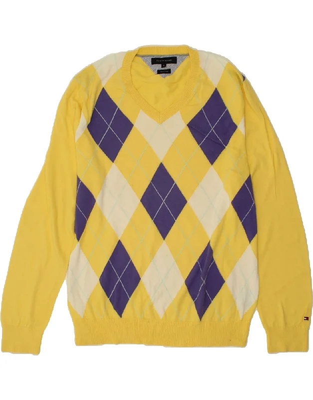 TOMMY HILFIGER Mens V-Neck Jumper Sweater XL Yellow Argyle/Diamond Cotton