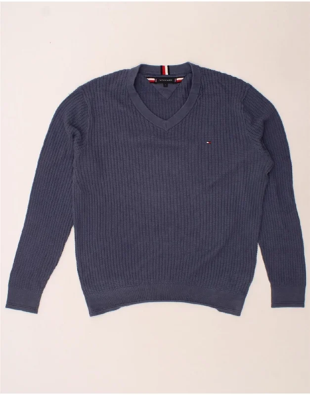 TOMMY HILFIGER Mens V-Neck Jumper Sweater XL Navy Blue Cotton