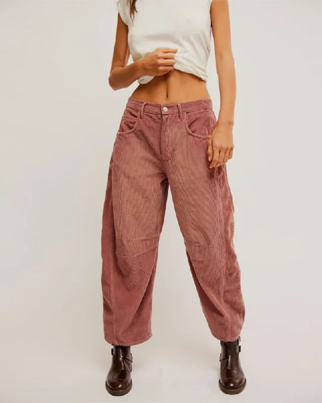 Free People We The Free Good Luck Mid-Rise Cord Barrel Jeans - WITHERED ROSE