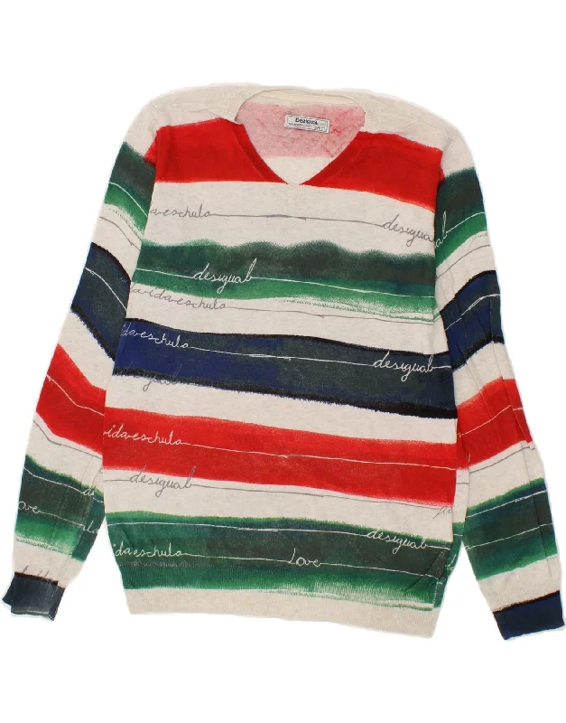 DESIGUAL Mens V-Neck Jumper Sweater Medium Multicoloured Striped Cotton